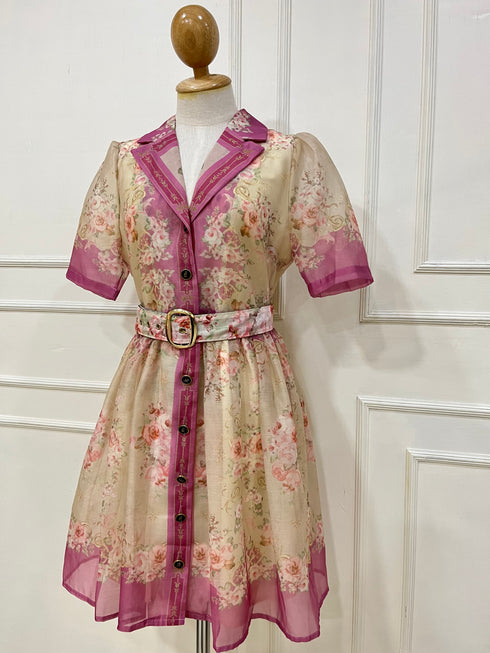 High Quality Floral Print Belted Short Sleeves Mini Dress